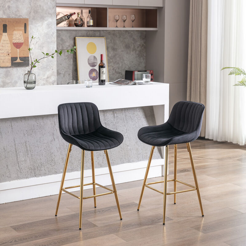 Set of 2 Bar Stools, with Chrome Footrest Velvet Fabric Counter Stool Golden Leg Simple Bar Stool