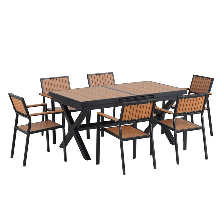 Mondawe Outdoor Patio Garden 7-Piece Extendable Dining Set, With 6 Chairs Flexible Adjustment