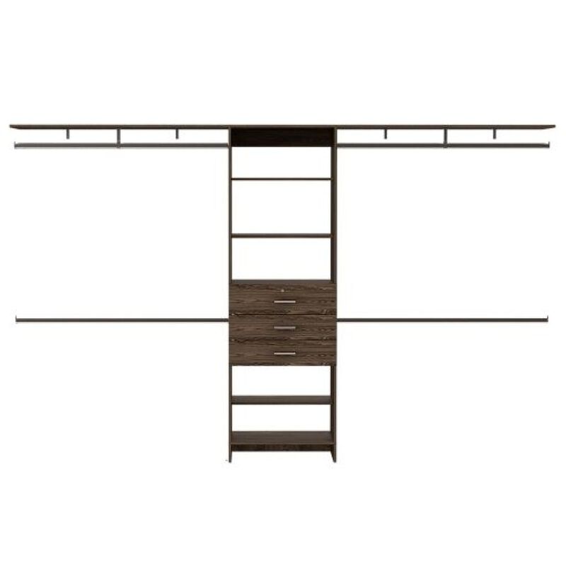 69" W - 118" W Drawers Closet System, Five Shelves, Four Hanging Rods, Three Drawers - Dark Walnut