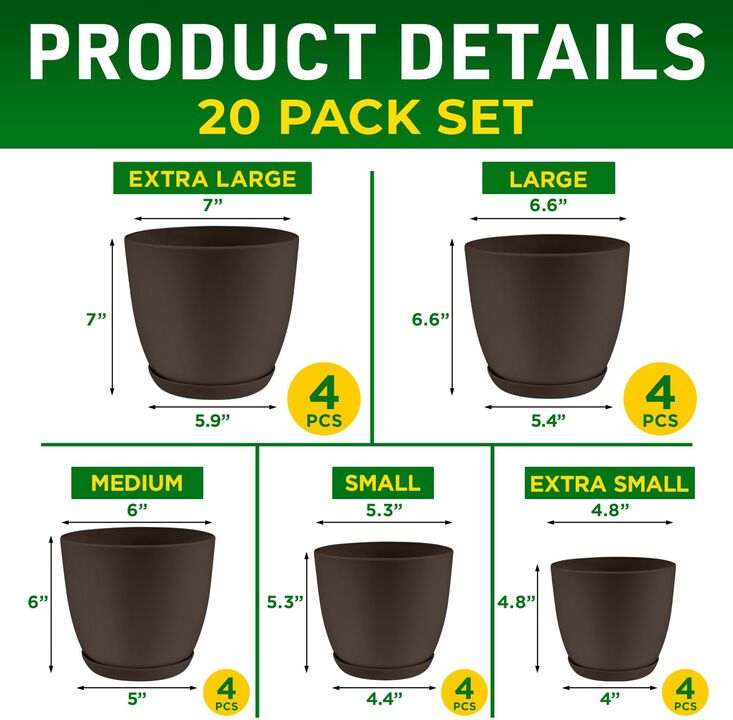 Planter Pots with Drainage Holes - Lightweight, Durable, and Space-Saving Pots for Indoor and Outdoor - Versatile Functionality, Simple Modern Design, Plastic Planter Pots