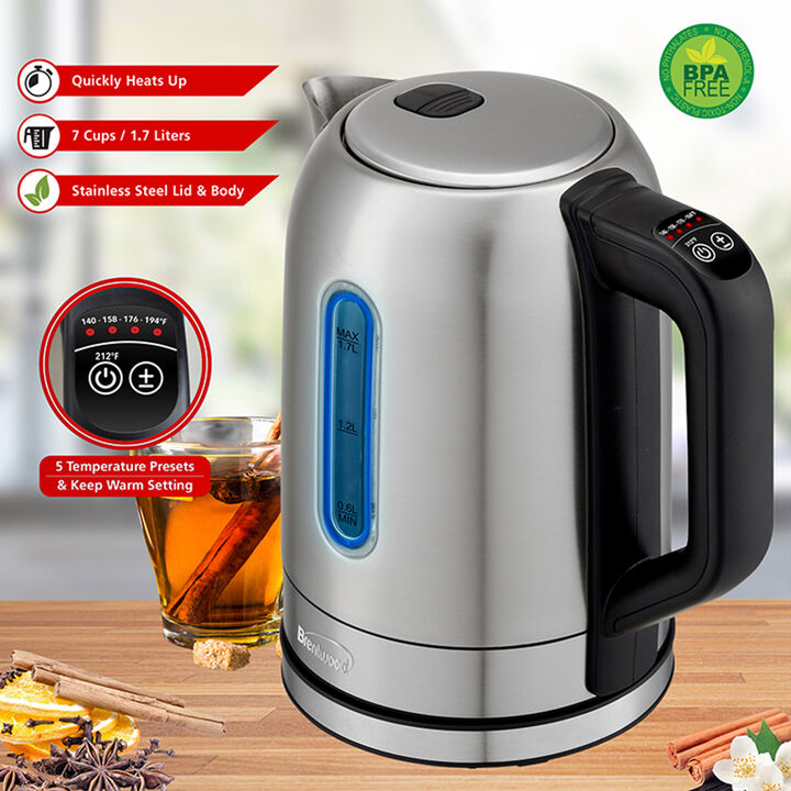 Brentwood 1500 Watt Stainless Steel 1.7 Liter Electric Kettle with 5 Temperature Presets in Silver