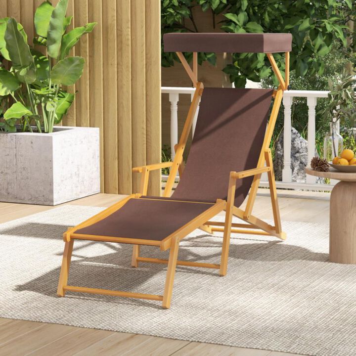 Hivvago Birch Wood Chaise Lounge Chair Foldable Beach Chair with Adjustable Canopy
