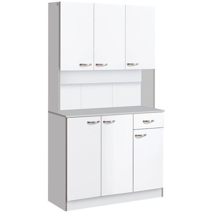 Expansive Kitchen Storage: 71" White Buffet with Hutch, 6 Doors & Drawer
