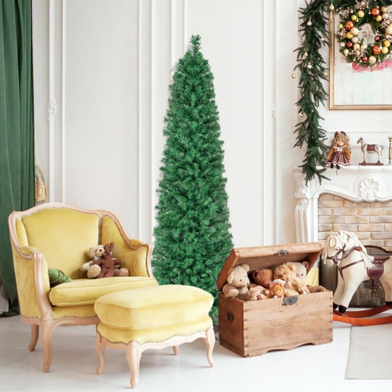 Hivvago 5/6/7/8 FT Pre-Lit Christmas Pencil Tree with Colorful Fiber Optics Green