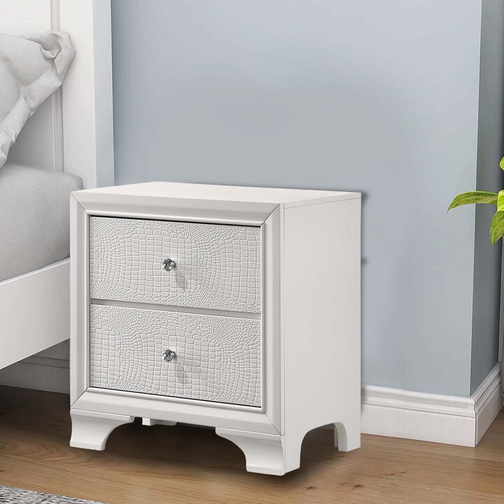 Nightstand with Textured Pattern and 2 Drawers, White-Benzara