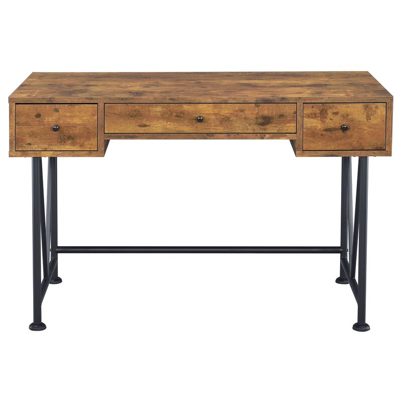 2 Piece Writing Desk with Bookshelf Unit, Rustic Brown, Black Metal Frame - Benzara