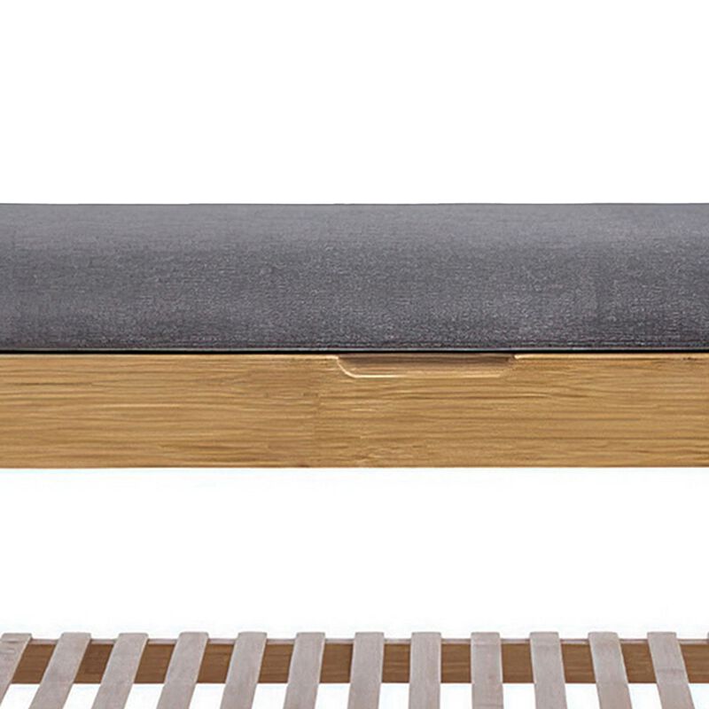 Mindy Shoe Storage Bench, Gray Polyester Seat, Walnut Brown Bamboo, 36 Inch