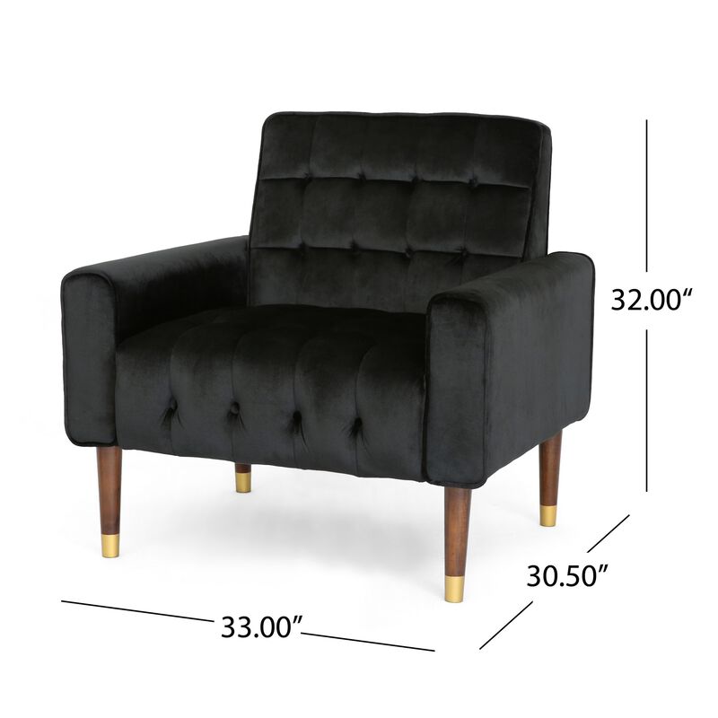 Covia Accent Club Chair with Waffle Stitch Black Velvet, Gold Tip Legs