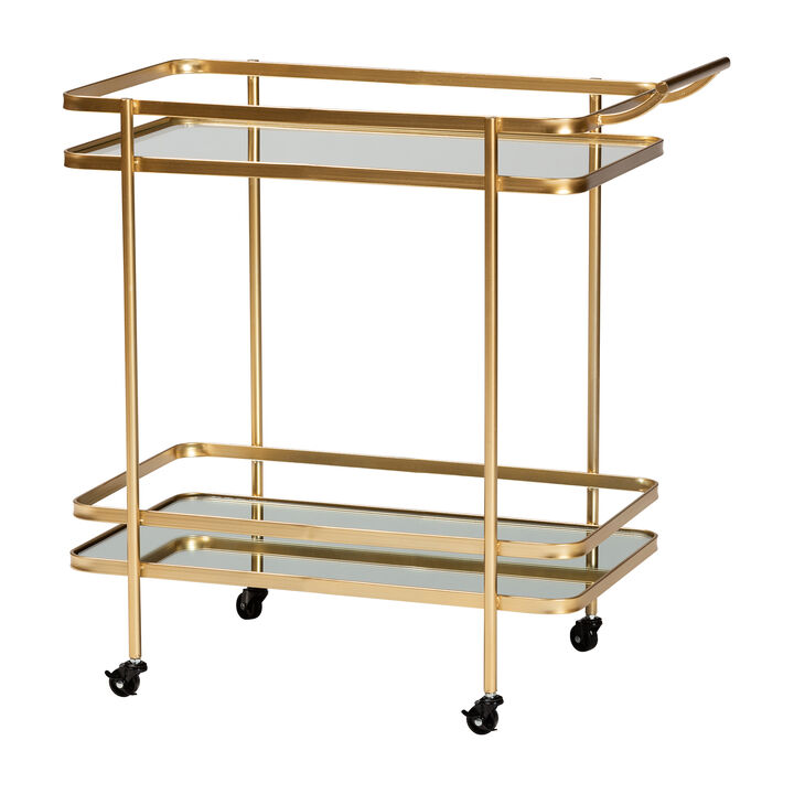 Baxton Studio Destin Glam Brushed Gold Finished Metal 2 Tier Mobile Wine Bar Cart