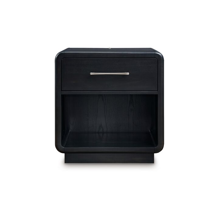 Robeck Nightstand, 1 Drawer, Black 26 Inch, Silver Metal Handles - Benzara