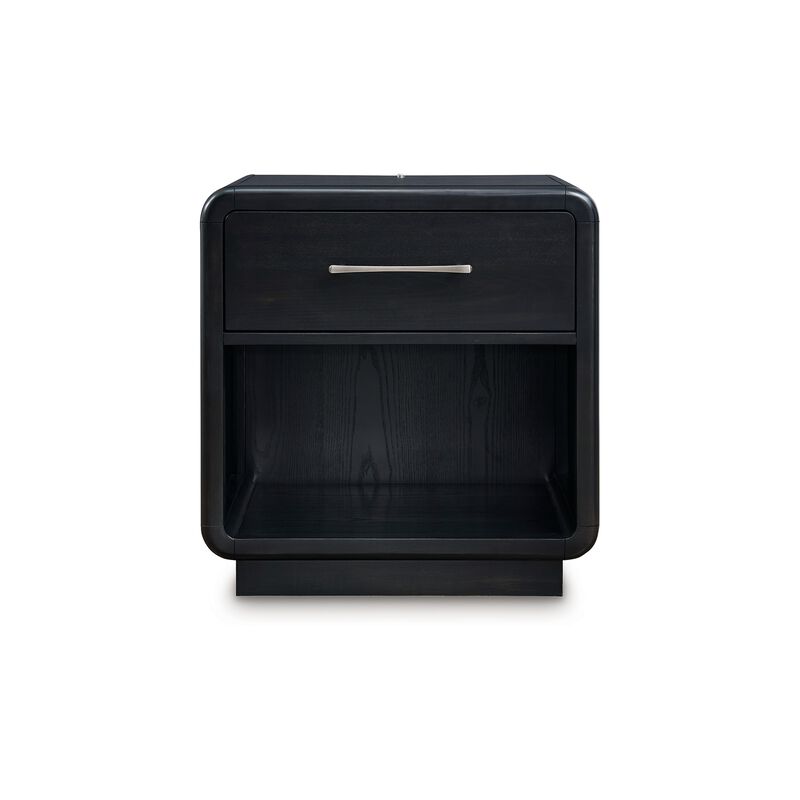 Robeck Nightstand, 1 Drawer, Black 26 Inch, Silver Metal Handles - Benzara