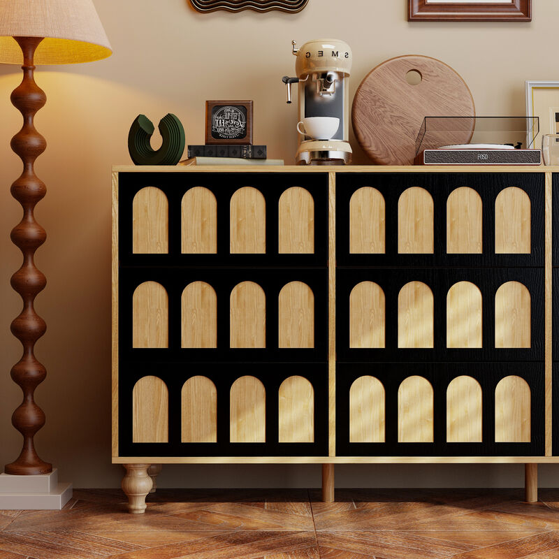 FUFU&GAGA Modern 9-Drawer Storage Cabinet with Arched Panel Design & Solid Wood Legs (59" W x 15.7" D x 31.5" H), Natural Wood