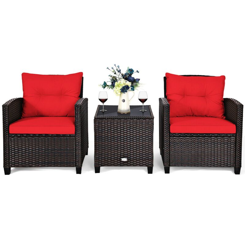 3 Pcs Patio Rattan Furniture Set Cushioned Conversation Set Coffee Table