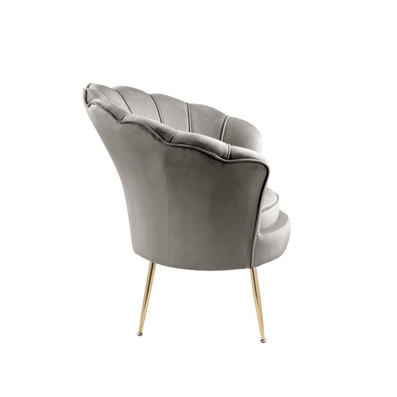Velvet Scalloped Back Barrel Accent Chair with Metal Legs in Gray