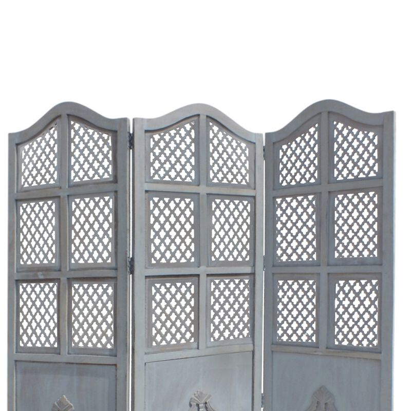 Three Panel Wooden Room Divider with Traditional Carvings and Cutouts, Blue-Benzara