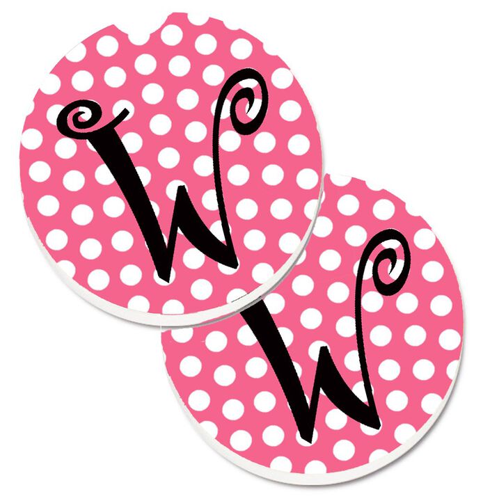 Caroline's Treasures Letter W Monogram - Pink black Polka Dots Set of 2 Cup Holder Car Coasters CJ1001-WCARC, 2.56, Multicolor
