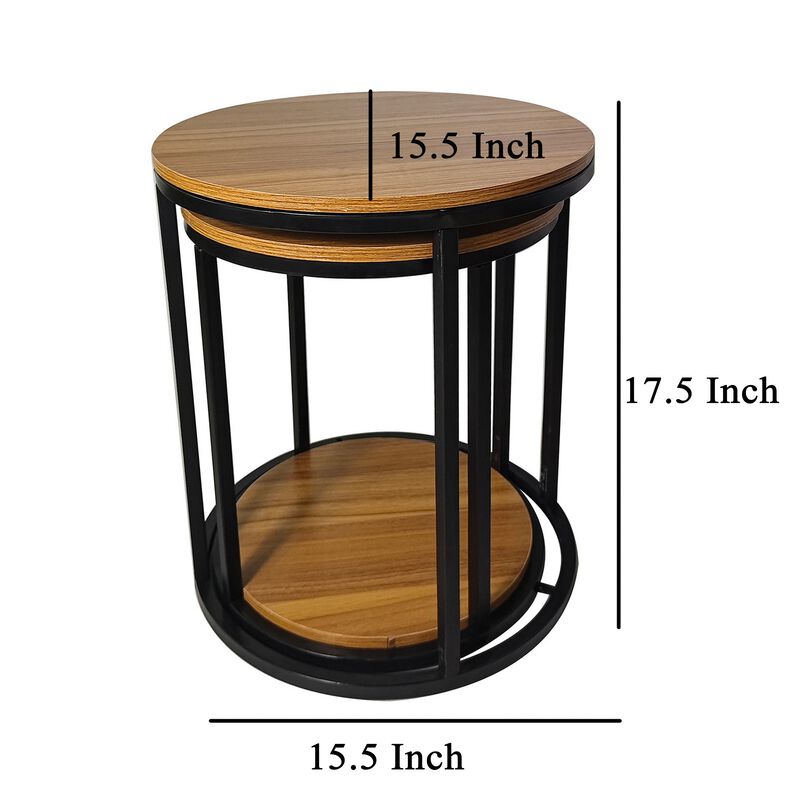 Molly Nesting Table Set of 2, Round Brown Solid Wood Top, Black Metal Frame