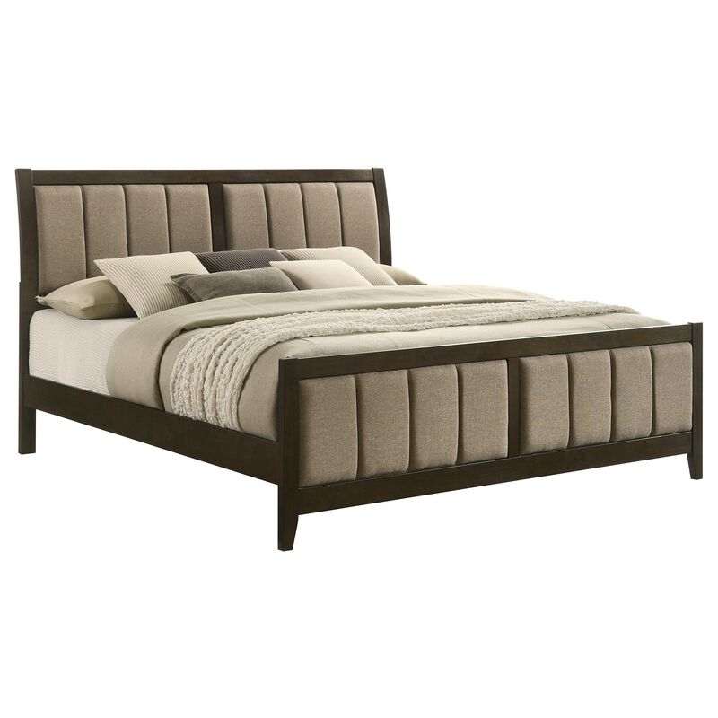 Wily King Size Bed, Channel Tufted Upholstered Headboard, Dark Brown - Benzara
