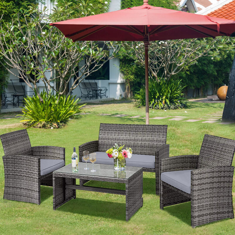 4 Pcs Patio Rattan Furniture Set Top Sofa With Glass Table