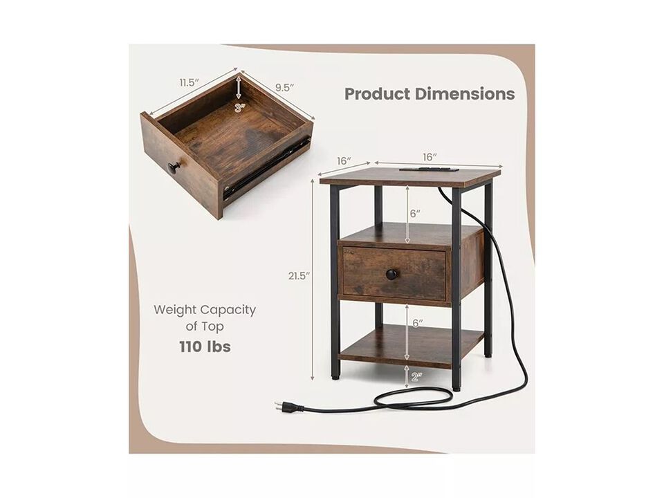SUGIFT 3-Tier Nightstand with Charging Station and Drawer