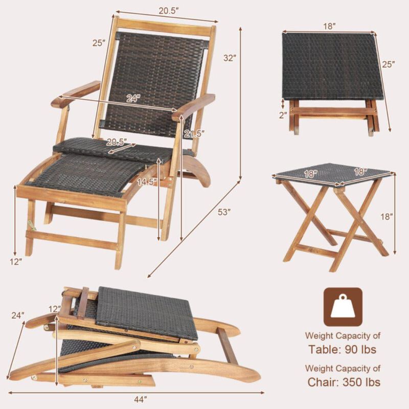 Hivvago 2 Pieces Patio Rattan Folding Lounge Chair with Acacia Wood Table