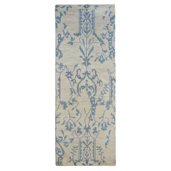 HAND KNOTTED WOOL Floral AREA RUGS  - 2'6''x10', Runner Shape, Beige Color, Floral Modern, Medium Pile Handmade Area Rugs for Living Room, Bed Room (N00913)