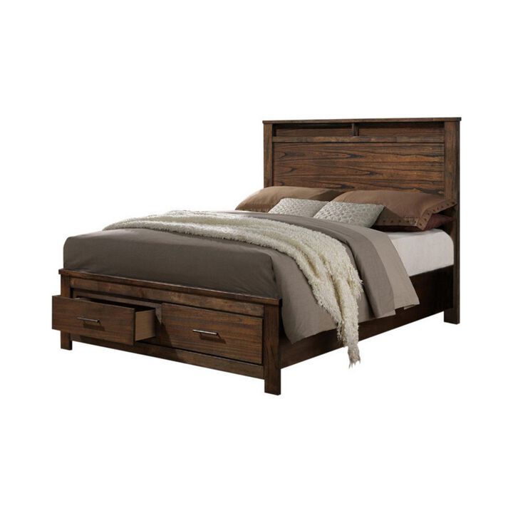 Enchanting Wooden E.King Bed With Display And Storage Drawers, Oak Finish - Benzara
