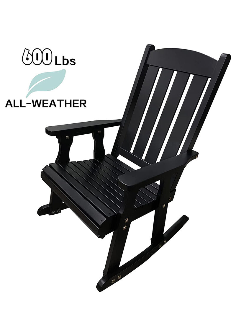 Wooden Rocking Chair with Comfortable Backrest Inclination, High Backrest and Deep Contoured Seat, Solid Fir Wood, Heavy Duty 600 LBS, for Both Outdoor and Indoor, Backyard, Porch and Patio Black