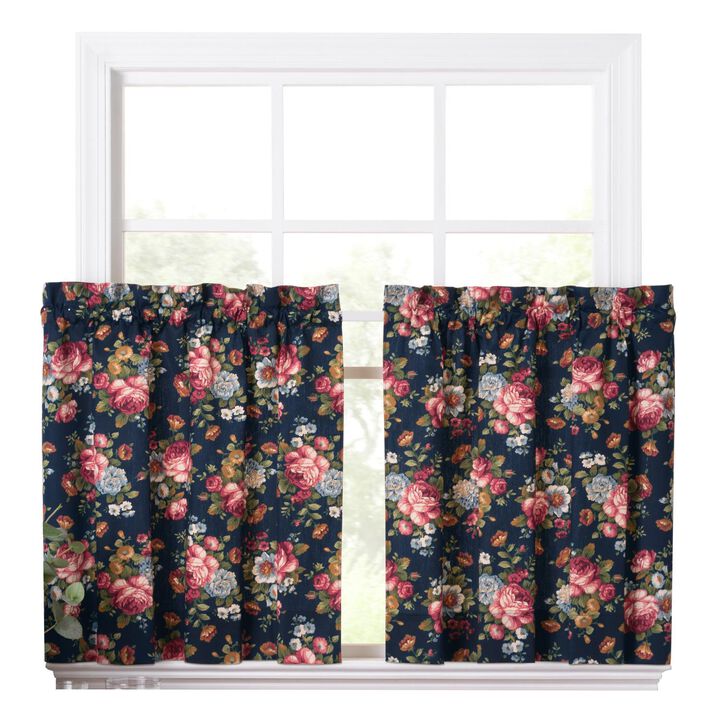 Ellis Bella Rose Stylish Medium Scale Printed Floral Pattern 1.5" Rod Pocket Tier for Windows 56"x24" Navy
