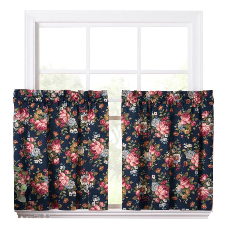 Ellis Bella Rose Stylish Medium Scale Printed Floral Pattern 1.5" Rod Pocket Tier for Windows 56"x24" Navy