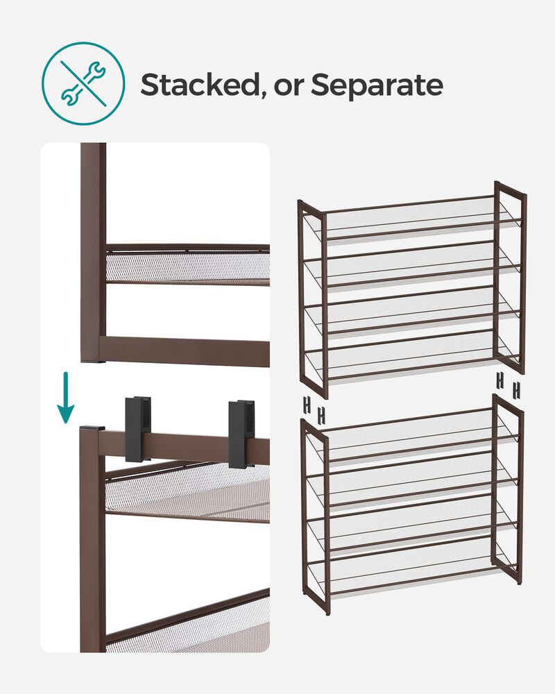 8-Tier Shoe Rack - Set of 2 Stackable 4-Tier Metal Mesh Shoe Organizers for Storage