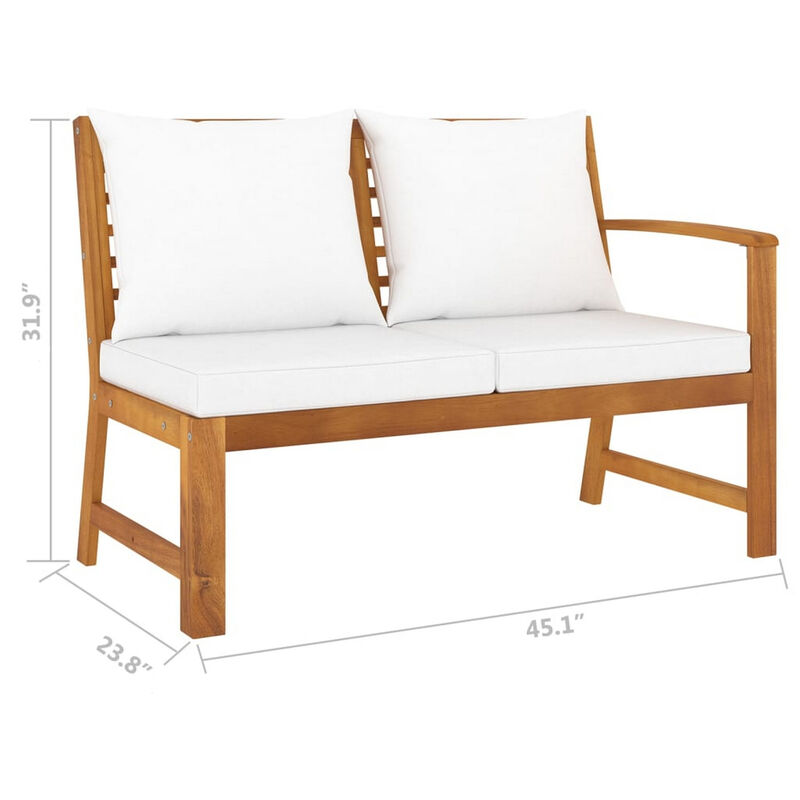 Outdoor Patio Bench, 45 Inch, Solid Brown Acacia Wood, Cream Polyester - Benzara