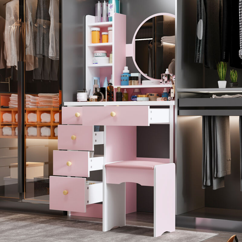 5-Drawers Pink Makeup Vanity Dressing Table Set with Stool, Mirror and Storage Shelves Girls Dressing Table