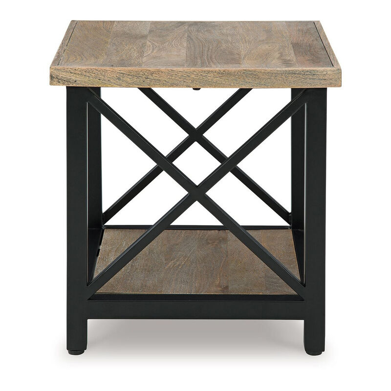 Sten Side End Table, Shelf, Rustic Brown Wood, 24 Inch Black Metal - Benzara