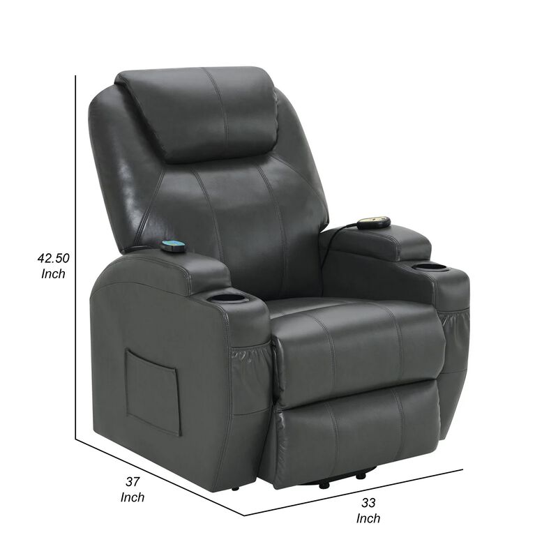 Sania Power Lift Recliner Chair, Gray Faux Leather, Cup Holders, Massage - Benzara