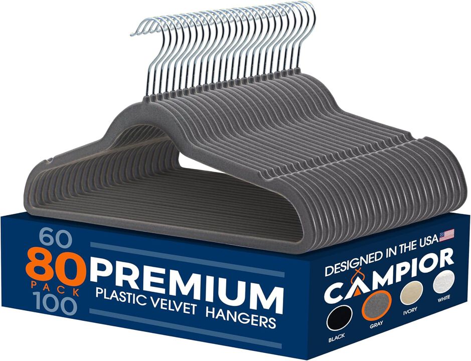 Premium Velvet Non-Slip Hangers for Clothes - Heavy Duty Coat Hanger Set with 360° Swivel Hook, Lightweight, Luxurious Velvet Finish, Versatile Hangers for Any Closet, Pack of 80 - Grey