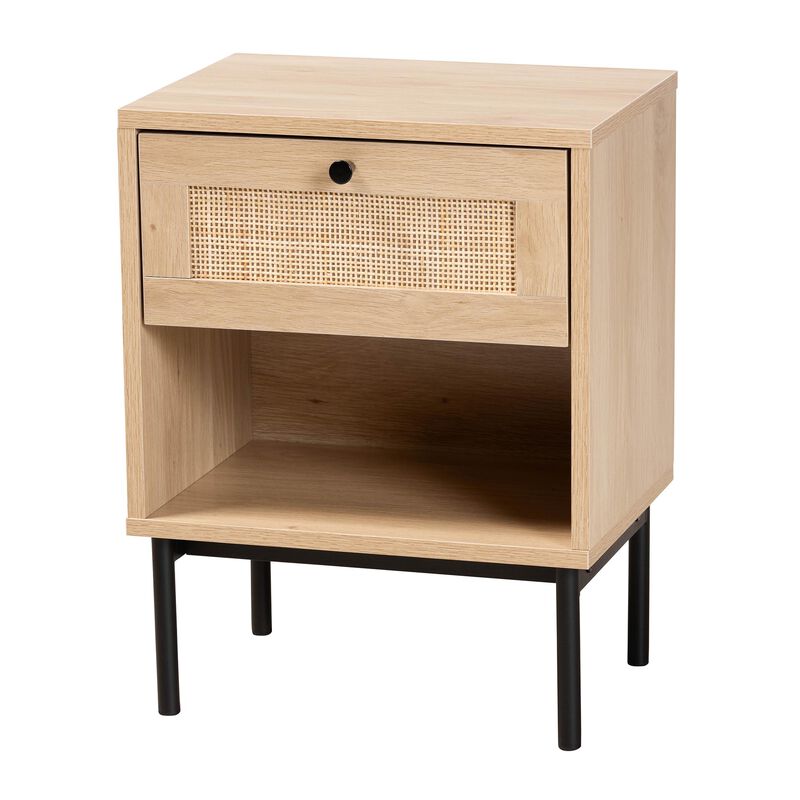 Baxton Studio Sherwin  Light Brown and Black 1 Drawer End Table with Woven Rattan Accent
