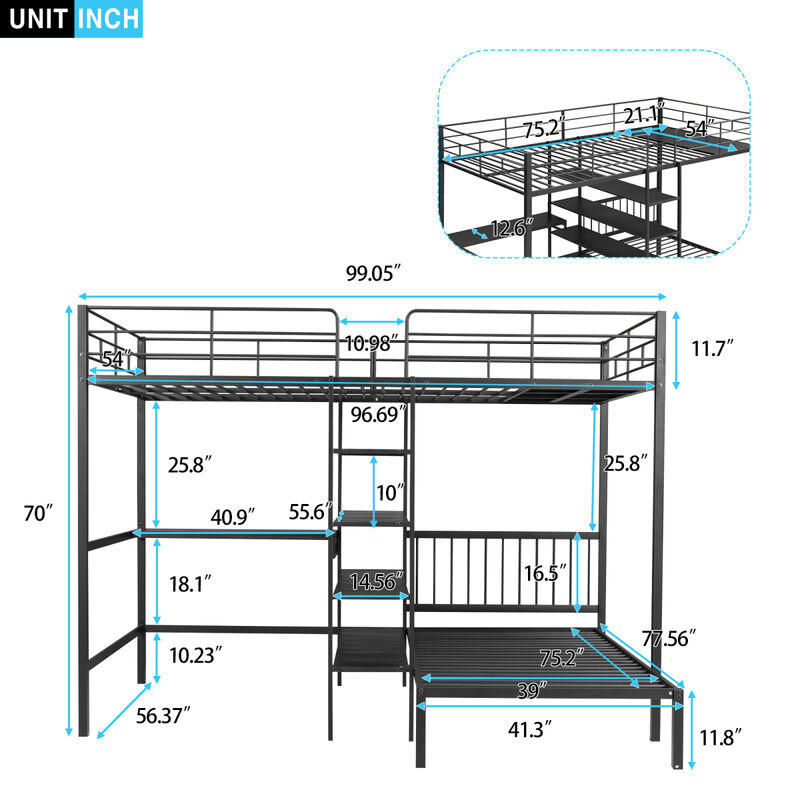Full Over Twin Metal Bunk Bed With Built-In Desk, Shelves And Ladder