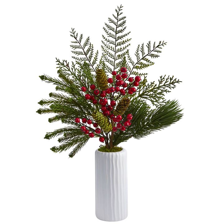 Nearly Natural 23-in Mixed Pine, Pinecone and Berry Arrangement in White Vase