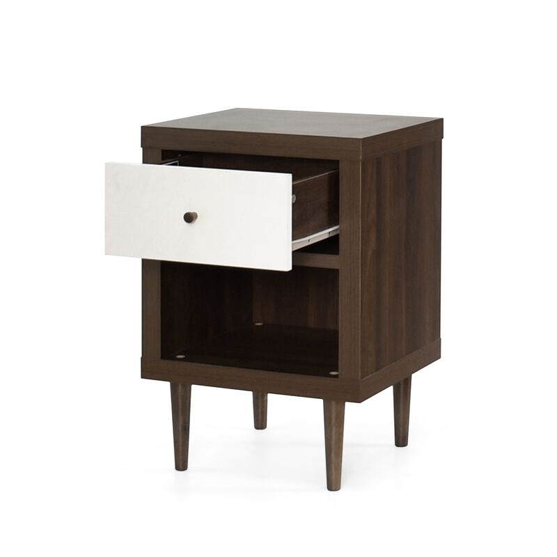 Minie Nightstand with 1 Drawer, Shelf, Modern White and Walnut Brown - Benzara