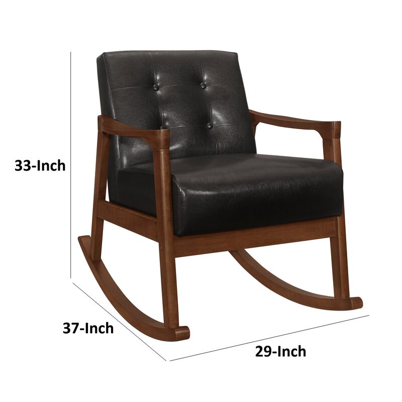 Ciao 37 Inch Rocking Chair Armchair, Dark Brown Faux Leather, Solid Wood - Benzara