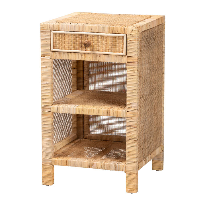 Baxton Studio Bella Natural Brown Mahogany Wood And Natural Rattan 1 Drawer Nightstand