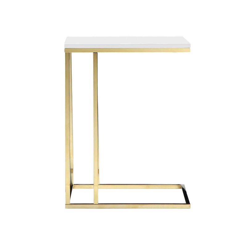 Zen 23 Inch Side End Tray Table, White Tray Top, Steel Base in Gold Finish - Benzara