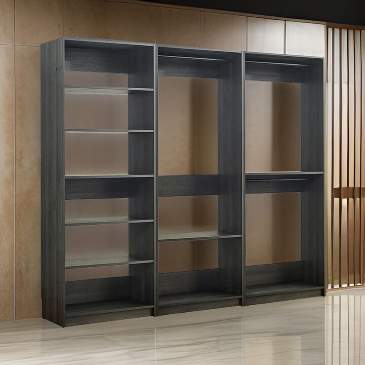 Dee Modular Closet System, 3 Hanging Rods and 6 Shelves, Dark Gray Wood - Benzara