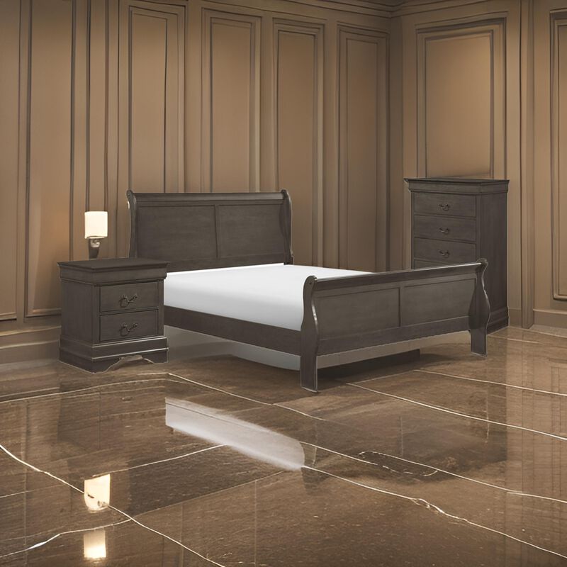 Fy Three Piece Full Size Bedroom Set, Modern Brass Metal Handles, Stained Gray - Benzara