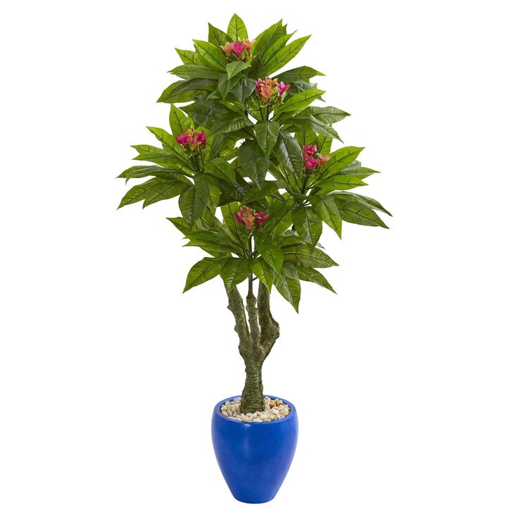 Nearly Natural 5-ft Plumeria Artificial Tree in Blue Planter UV Resistant