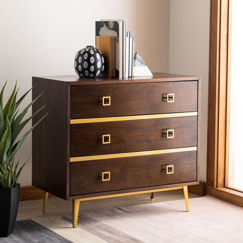 Safavieh Katia 3 Drawer Chest, Walnut/Gold