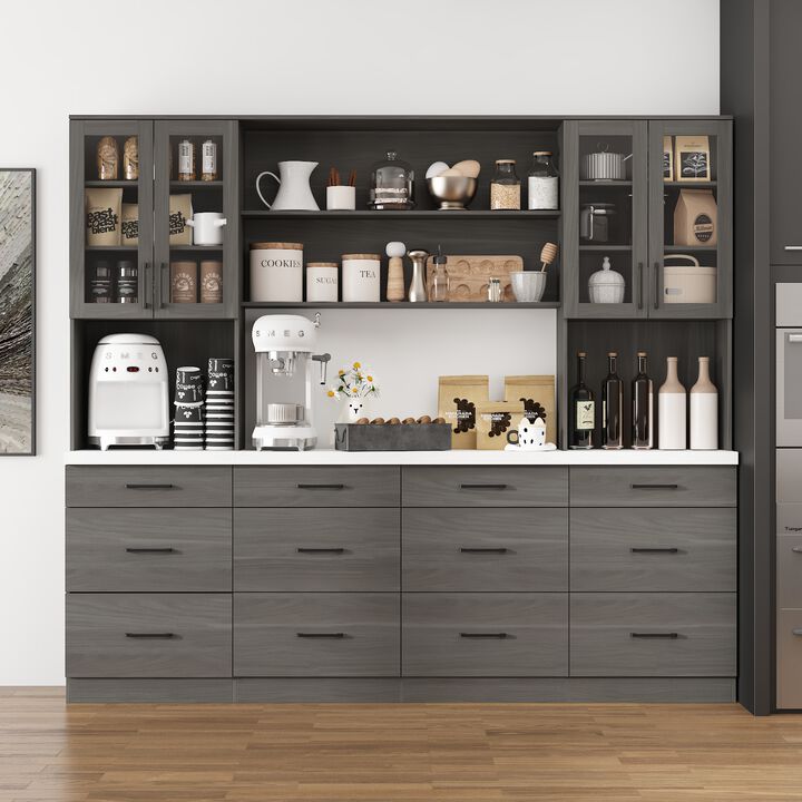 FUFU&GAGA 94.5" Kitchen Storage Cabinet with Glass Doors and Drawers, (94.5" W x 15.8" D x 83.3" H), Grey
