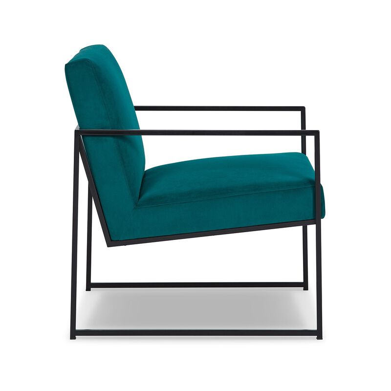 Anisa Accent Chair, Teal Velvet Seat Cushions, Black Metal Frame - Benzara