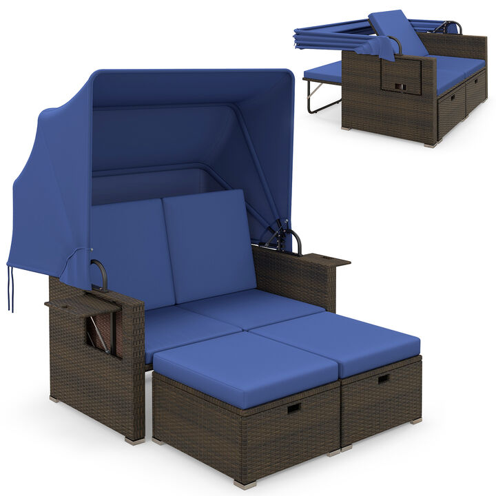 Outdoor Patio Rattan Daybed with Retractable Canopy and Adjustable Backrests
